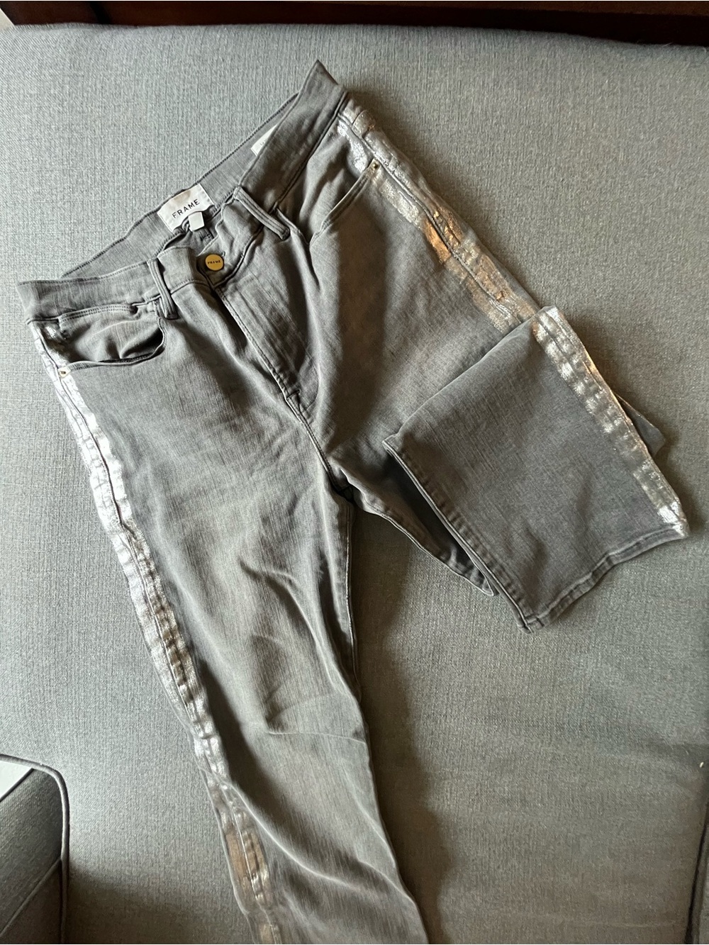 FRAME Grey Denim Jeans with Gold Button
